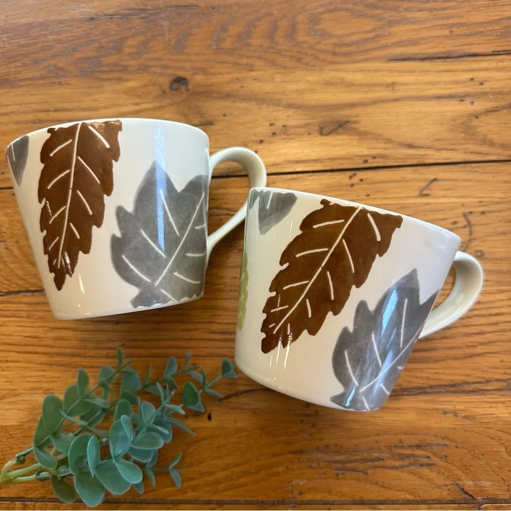 2 Crate & Barrel by Barbara Eigen Ivory Mugs With Painted Leaves 3” High
